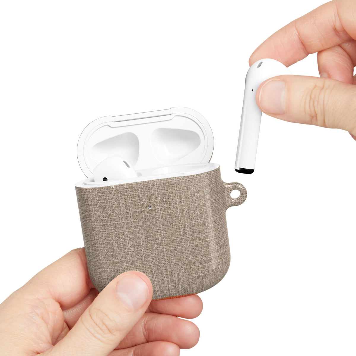 MOUZELLI Linen AirPods Case Taupe flat lay