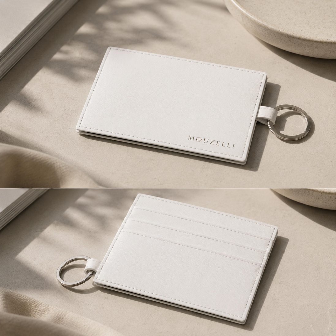 MOUZELLI Saffiano Card Holder Slim Wallet with Keyring detail texture