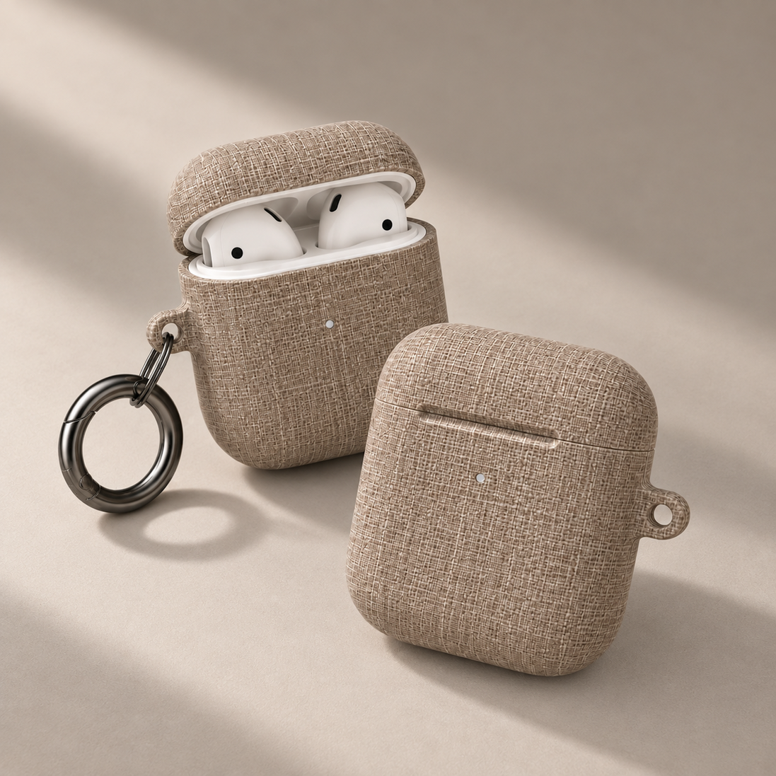 MOUZELLI Linen AirPods Case Taupe detail texture mockup